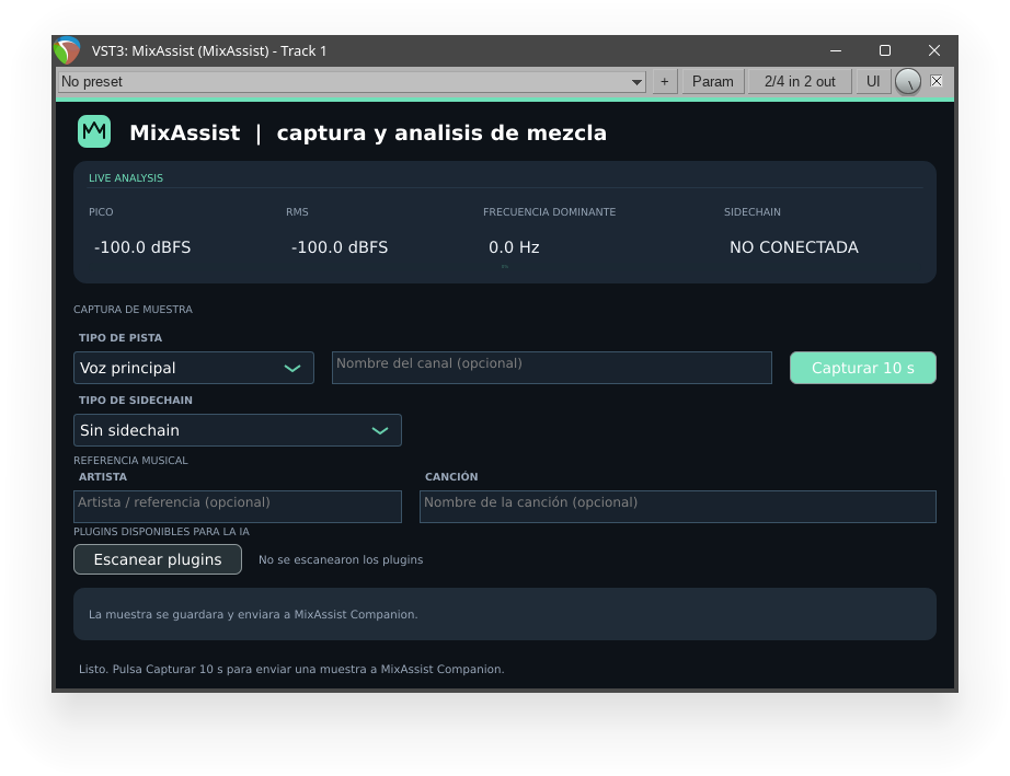 Panel del plugin VST3 MixAssist insertado en un DAW